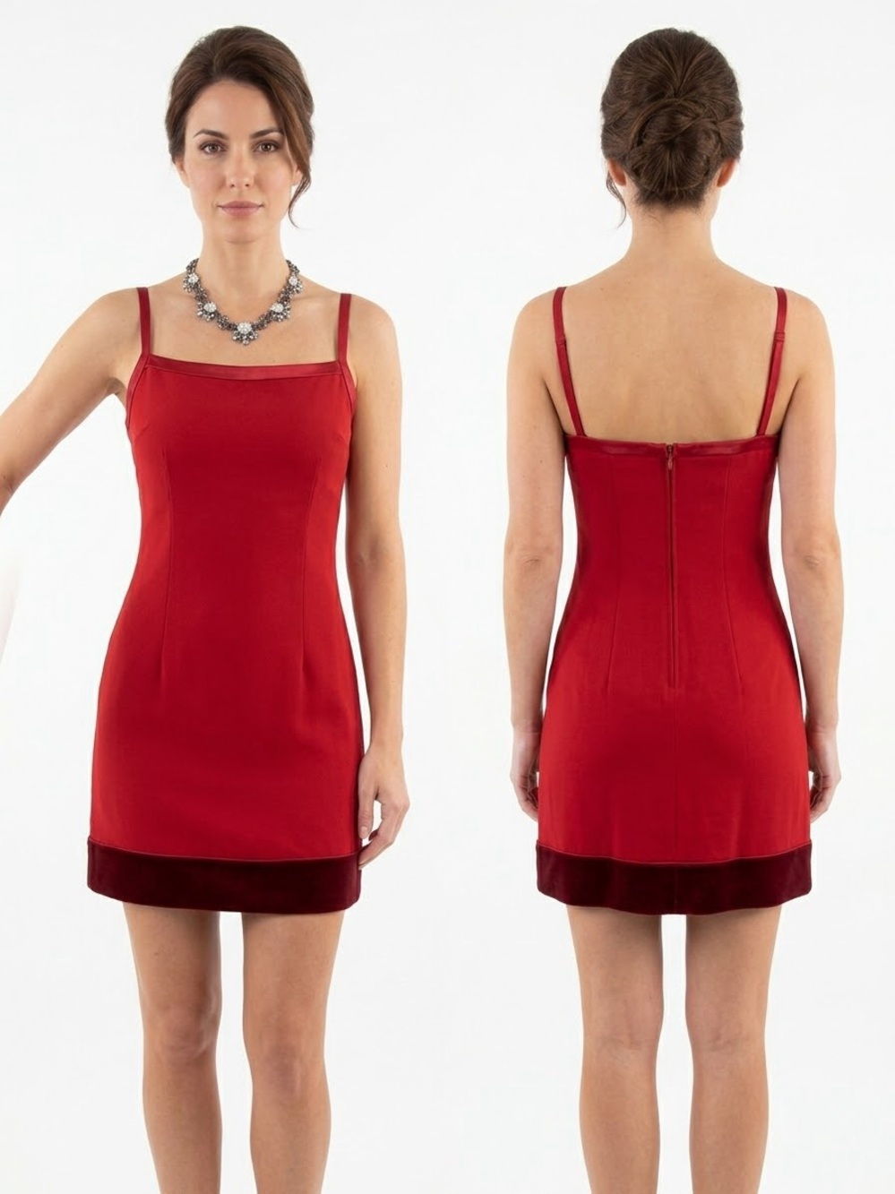 bebe Red Square-Neck Mini Dress with Velvet Trim